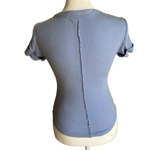 Anthropologie Pilcro XXS The Andie Ribbed Henley Top Short Sleeve Light Blue - Picture 8 of 16